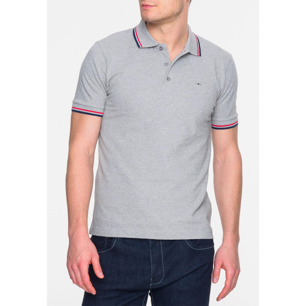 Merc Men's Mod Twin Tipped Pique Polo Shirt in Mineral Grey Marl with red and navy tipping
