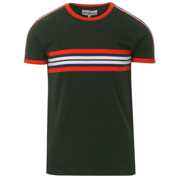Madcap England Cassette Men's Retro Chest Stripe Taped Sleeve T-shirt in Rosin
