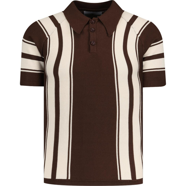 Madcap England Acid Test Retro 1960s Mod Big Collar Stripe Knit Polo Shirt in Potting Soil