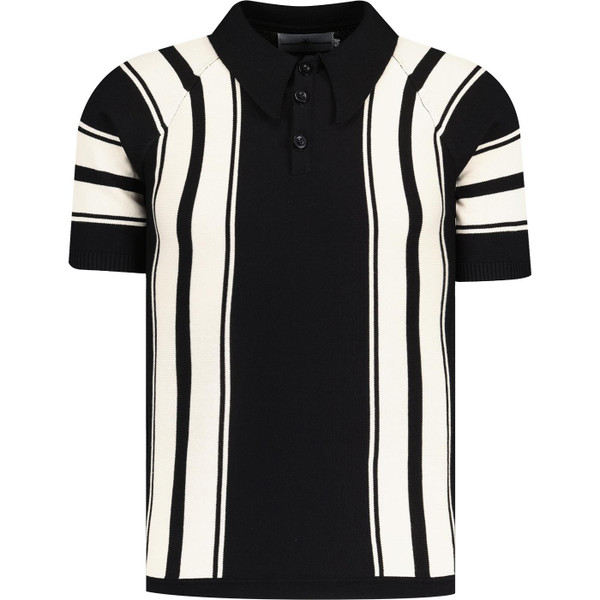 Madcap England Acid Test Retro 1960s Mod Big Collar Stripe Knit Polo Shirt in Black