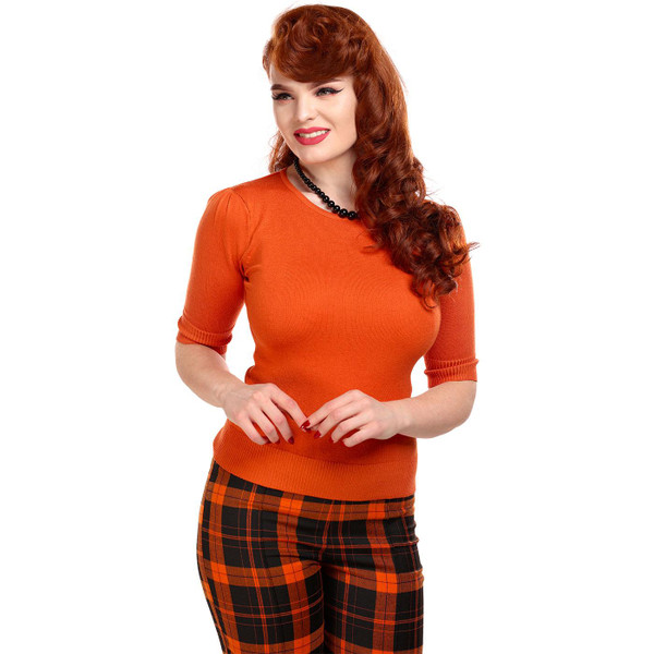 Collectif Chrissie 50s Vintage Plain Knitted Top in Orange