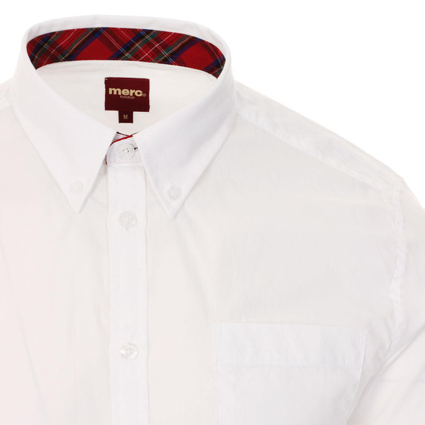 Tartan collar stand on Merc Baxter Smart White Short Sleeve Mod Shirt with Button Down Collar