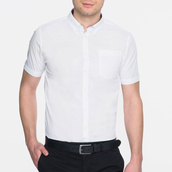 Man wearing Merc Baxter Smart White Short Sleeve Mod Shirt with Button Down Collar