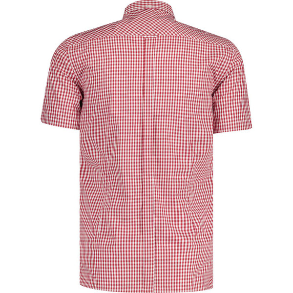 Back of Merc Terry Men's Short Sleeve Gingham Shirt in Blood Red