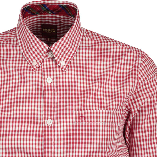 Collar on Merc Terry Men's Short Sleeve Gingham Shirt in Blood Red