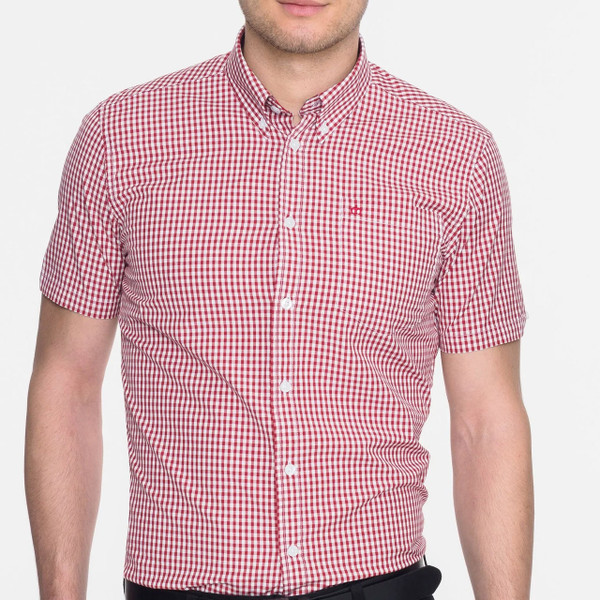 Man wearing Merc Terry Men's Short Sleeve Gingham Shirt in Blood Red