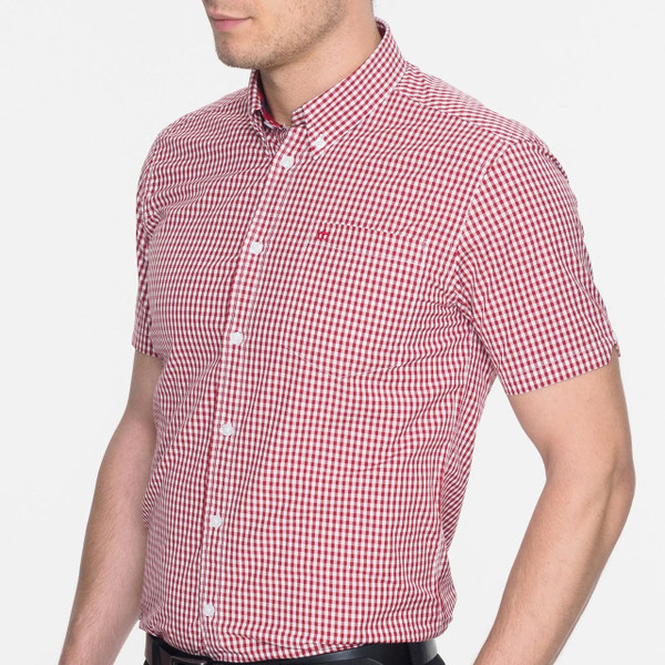 Side of Merc Terry Men's Short Sleeve Gingham Shirt in Blood Red