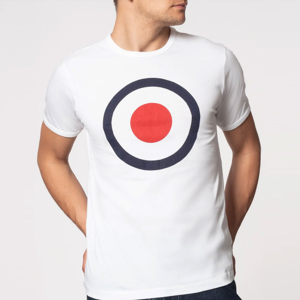 Man wearing Merc Ticket Mod Target T-Shirt in White