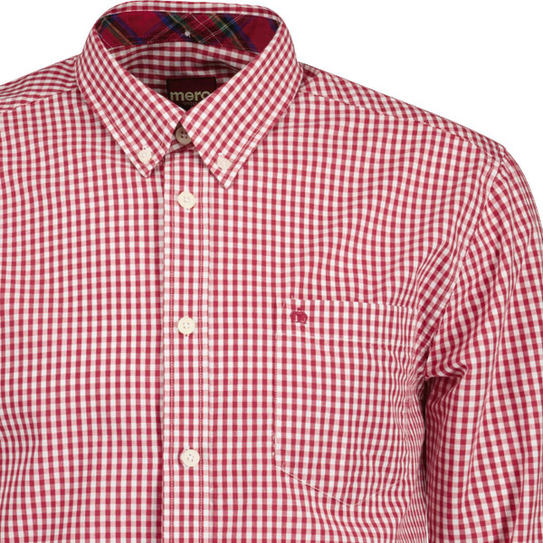 Button down collar on Merc Japster Long Sleeve Mod 60s Gingham Shirt in Blood Red