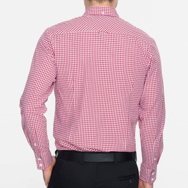 Back of Merc Japster Long Sleeve Mod 60s Gingham Shirt in Blood Red