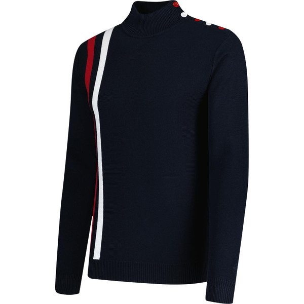 Madcap England Mens Racing Coleridge Retro 60s Mod Mock Turtleneck Breton Racing Jumper in Navy