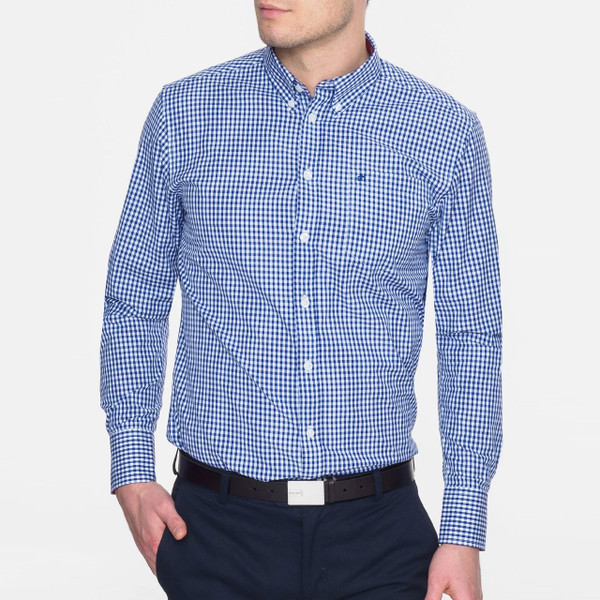 Man wearing Merc Japster Men's Long Sleeve Mod 60s Gingham Check Shirt in Royal Blue