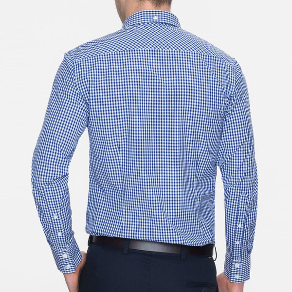 Back of Merc Japster Men's Long Sleeve Mod 60s Gingham Check Shirt in Royal Blue