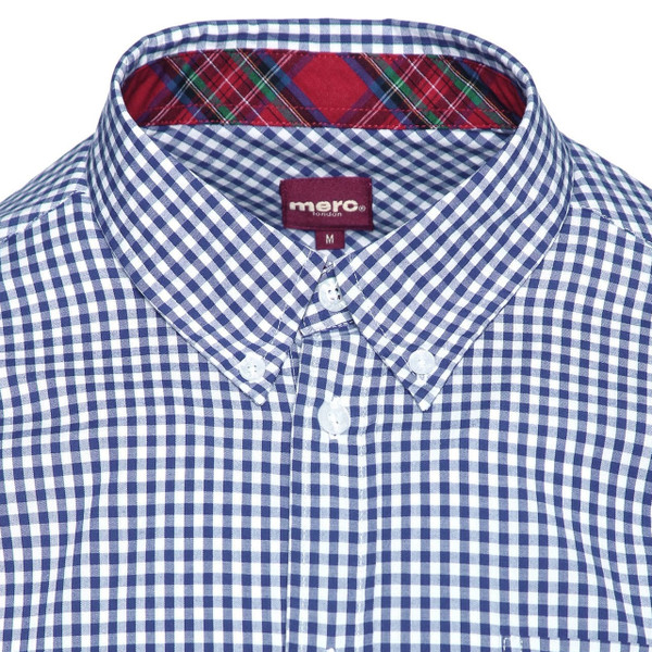 Button down collar on Merc Japster Men's Long Sleeve Mod 60s Gingham Check Shirt in Royal Blue