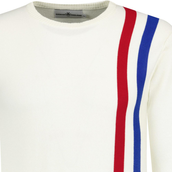 Madcap England MC01 Retro 60s Mod Twin Stripe Racing Jumper in Winter White with Red and Blue stripes