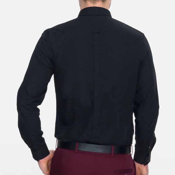 Back of man wearing Merc Albin Mod Button Down Long Sleeve Smart Black Shirt
