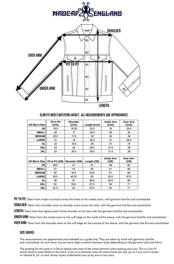 Size guide for Madcap England Woburn Mod Cord Western Jacket in Black MC512