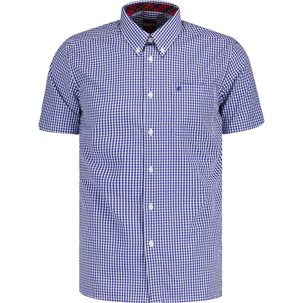 Merc Terry Retro 60s Mod Gingham Short Sleeve Shirt in Royal Blue