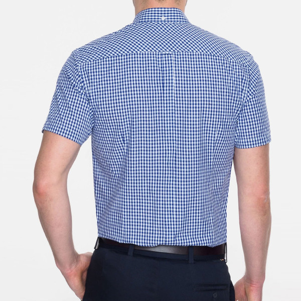 Back of Merc Terry Retro 60s Mod Gingham Short Sleeve Shirt in Royal Blue