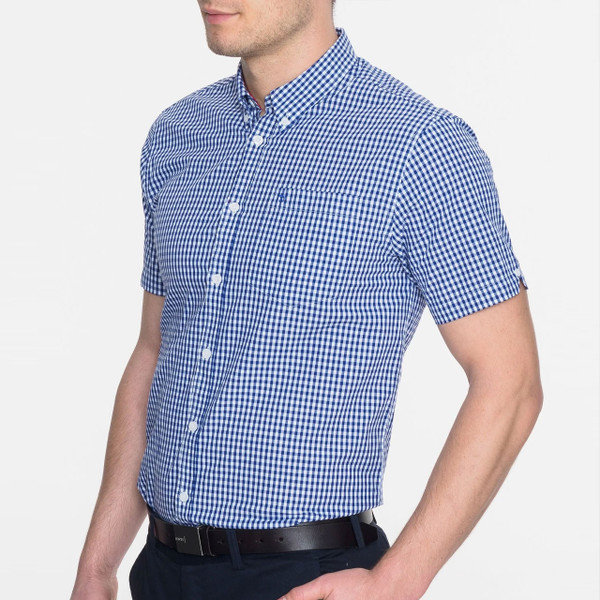 Side of Merc Terry Retro 60s Mod Gingham Short Sleeve Shirt in Royal Blue