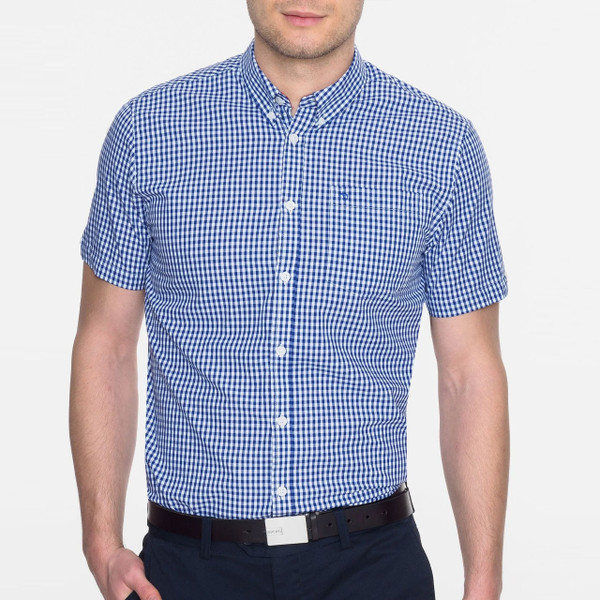 Man wearing Merc Terry Retro 60s Mod Gingham Short Sleeve Shirt in Royal Blue