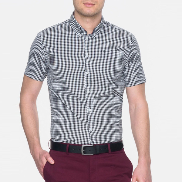 Man wearing Merc Terry Retro Button Down Classic Gingham Shirt in Black