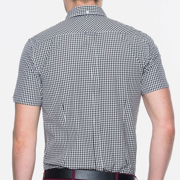Back of man wearing Merc Terry Retro Button Down Classic Gingham Shirt in Black