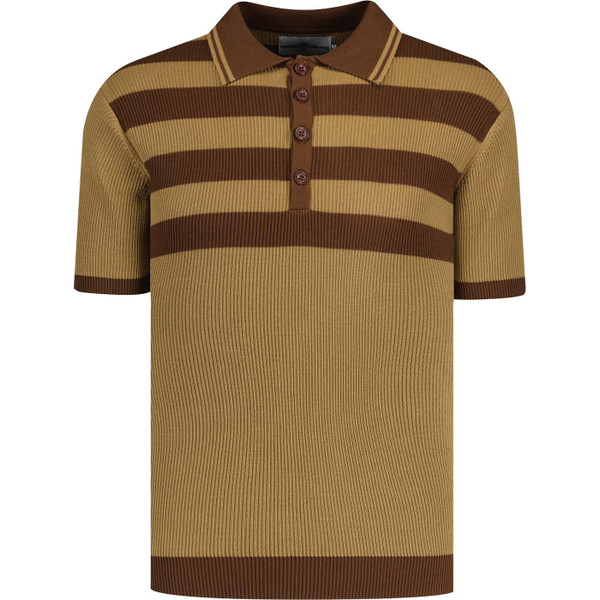 Madcap England Mens Terry Retro Mod Ribbed Stripe Polo TShirt in Fall Leaf Brown