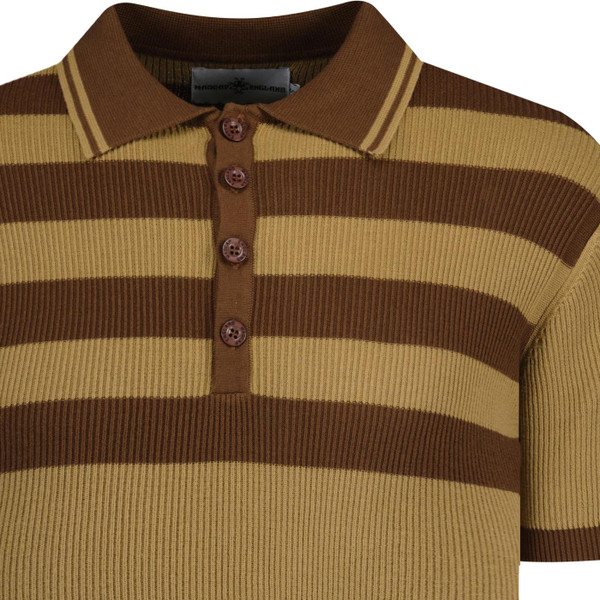Madcap England Mens Terry Retro Mod Ribbed Stripe Polo TShirt in Fall Leaf Brown