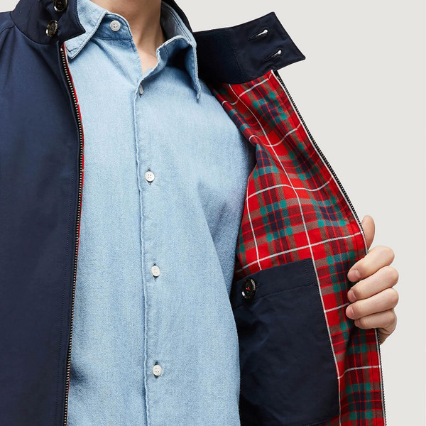 Fraser Tartan Lining on Baracuta G9 Mod Ivy League Made in England Harrington Jacket in Navy