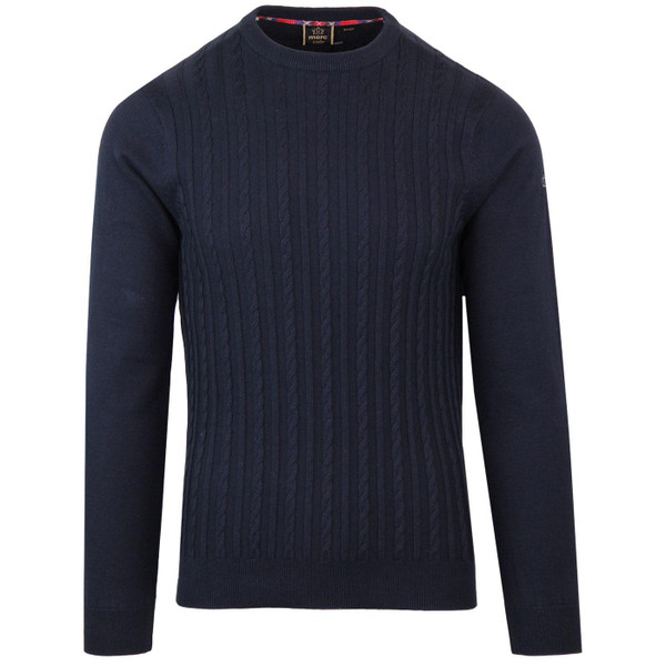 Merc Muswell Retro Mod Cable Knit Crew Neck Jumper in Navy Merc Muswell Retro Mod Cable Knit Crew Neck Jumper in Navy