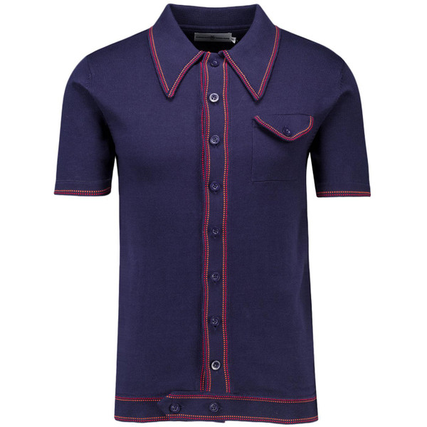 Madcap England Crawdaddy 60s Mod Big Collar Dash Tipped Knitted Polo Cardigan in Navy Main Photo