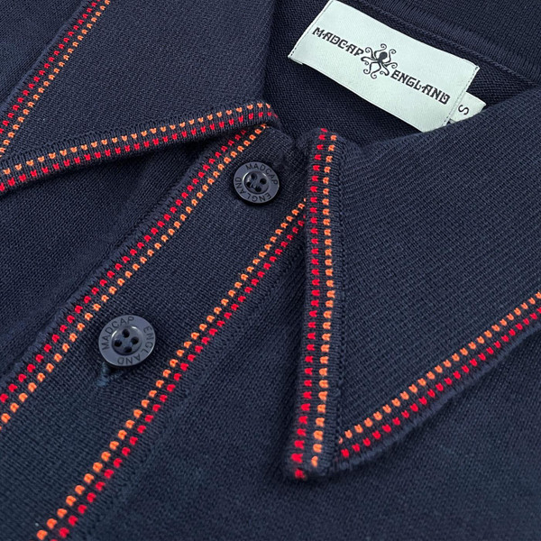 Madcap England Crawdaddy 60s Mod Big Collar Dash Tipped Knitted Polo Cardigan in Navy Close Up on Collar