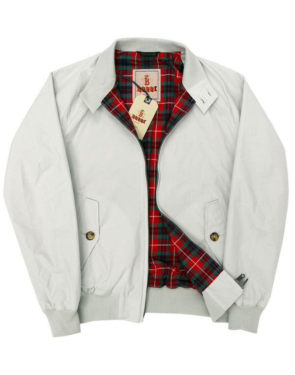 Baracuta G9 Mod 60s Men's Made in England Harrington Jacket in Mist Grey laid flat showing tartan lining