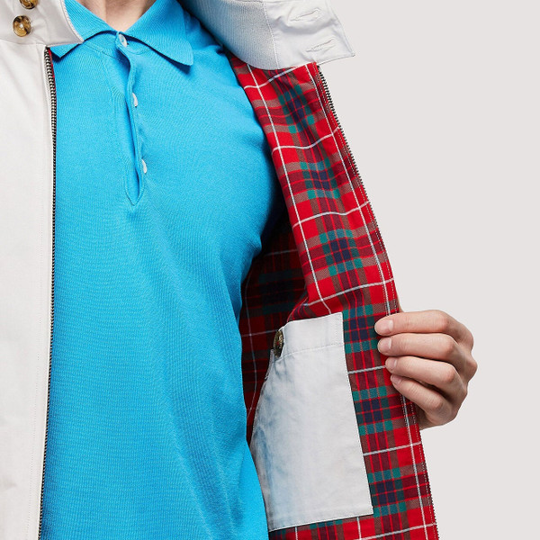 Red Fraser Tartan lining inside Baracuta G9 Mod 60s Made in England Harrington Jacket in Mist Grey