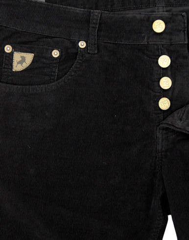 Button Fly & front pockets on Lois Men's Sierra Mod 80s Casuals Needle Cord Tapered Leg Jeans in Black