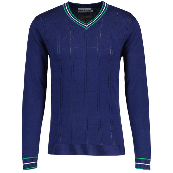Madcap England Fellini Mod Tipped V-neck Pointelle Knit Jumper in Navy MC1050