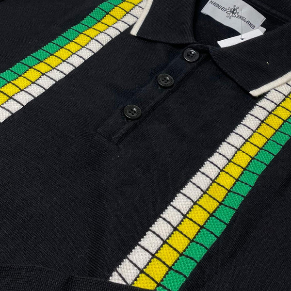 Madcap England Zodiac Retro 60s Textured Waffle Stripe Knit Polo Shirt in Black MC1032