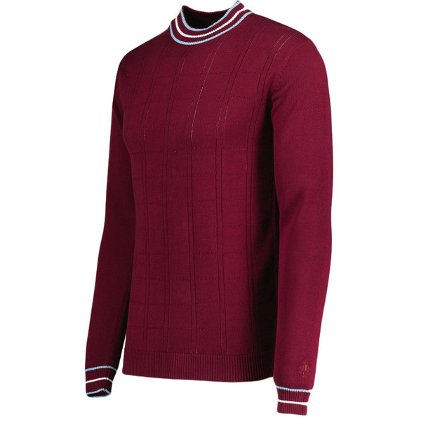 Madcap England Moore 60s Mod Pointelle Knit Tipped Mock Neck Jumper in Zinfandel MC1049