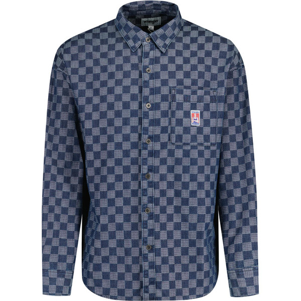 wrangler mens retro jacquard denim check overshirt indigo