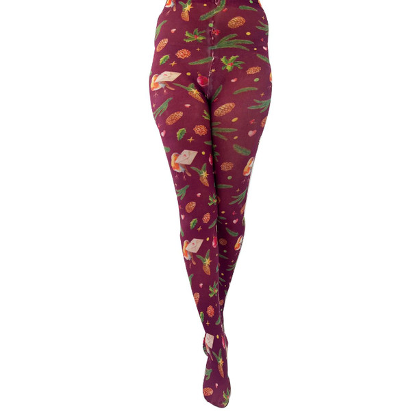 Pamela Mann Christmas Robin Winter Printed Tights in Burgundy