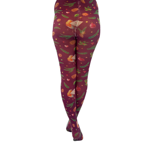 Pamela Mann Christmas Robin Winter Printed Tights in Burgundy