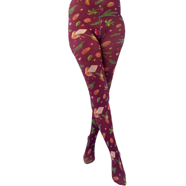 Pamela Mann Christmas Robin Winter Printed Tights in Burgundy