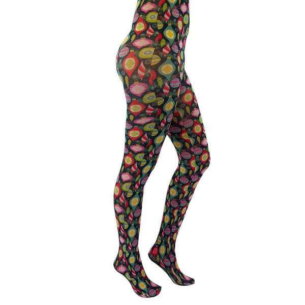 Pamela Mann Christmas Bauble Printed Tights in Black/Green