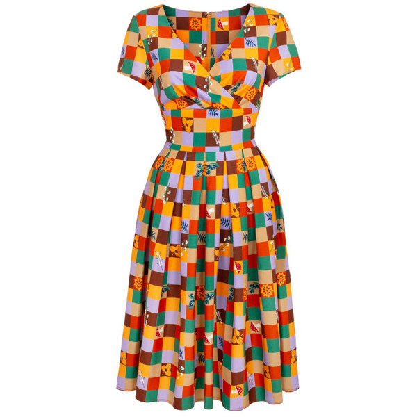 Hell Bunny H40360 Hawthorn Autumn Print Dress in Yellow/Green