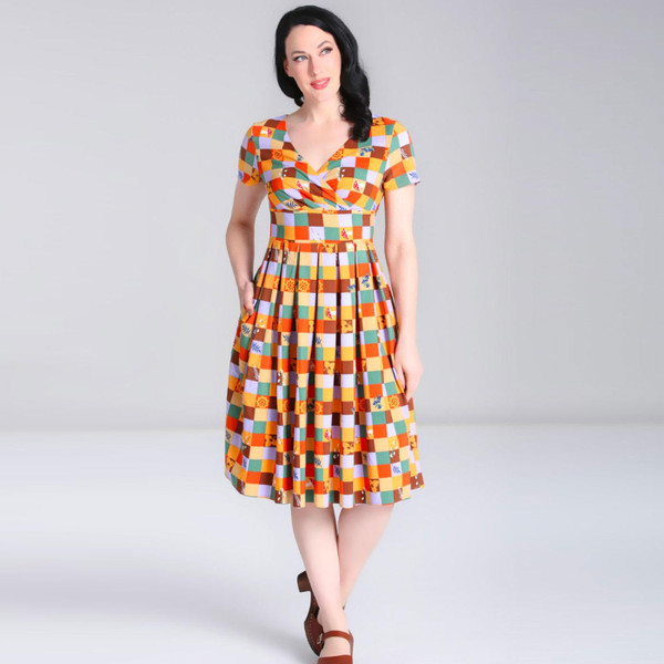 Hell Bunny H40360 Hawthorn Autumn Print Dress in Yellow/Green