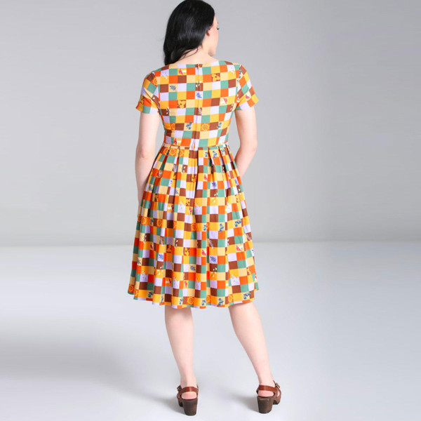 Hell Bunny H40360 Hawthorn Autumn Print Dress in Yellow/Green