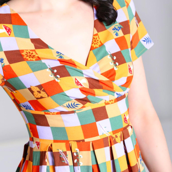 Hell Bunny H40360 Hawthorn Autumn Print Dress in Yellow/Green