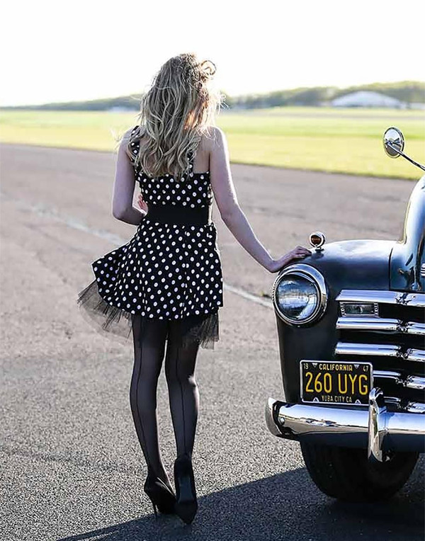Woman by Vintage Car wearing Pamela Mann Retro Vintage Jive Seamed Tights Black