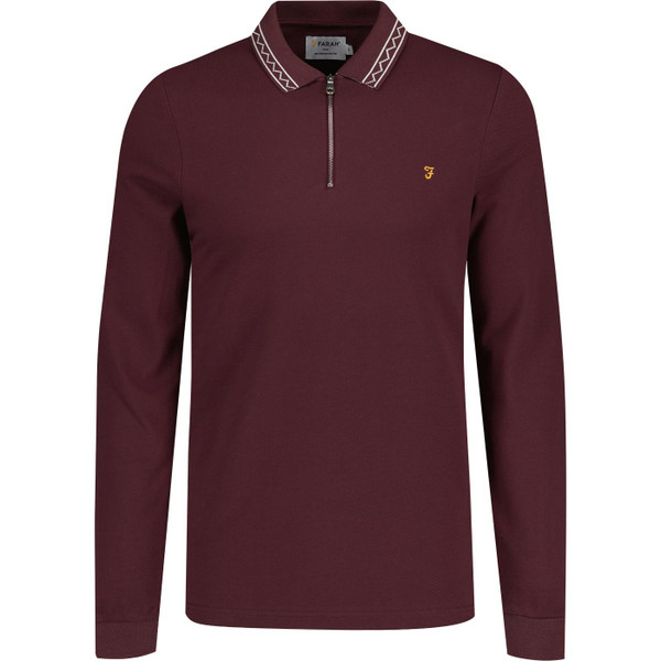 farah vintage mens milan zig zag tipped quarter zip long sleeve polo top farah red